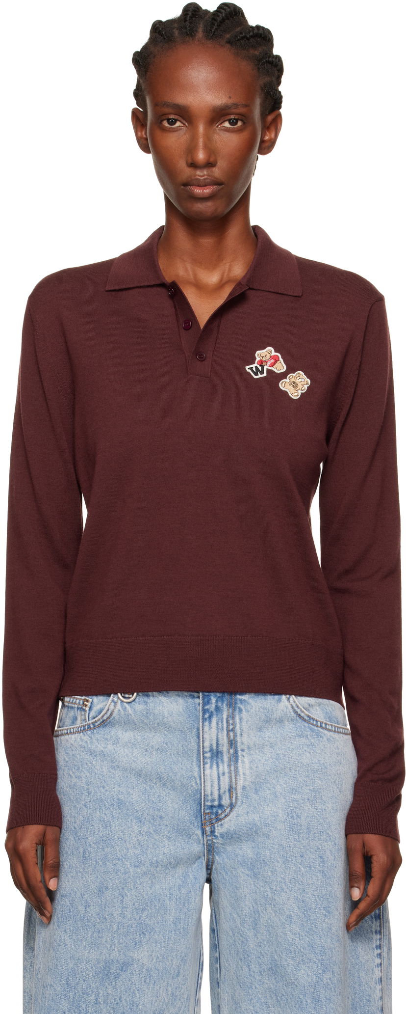 Poolopaita We11done We11done Double Patched Knit Polo Burgundia | WD-KT2-25-679-W-WN