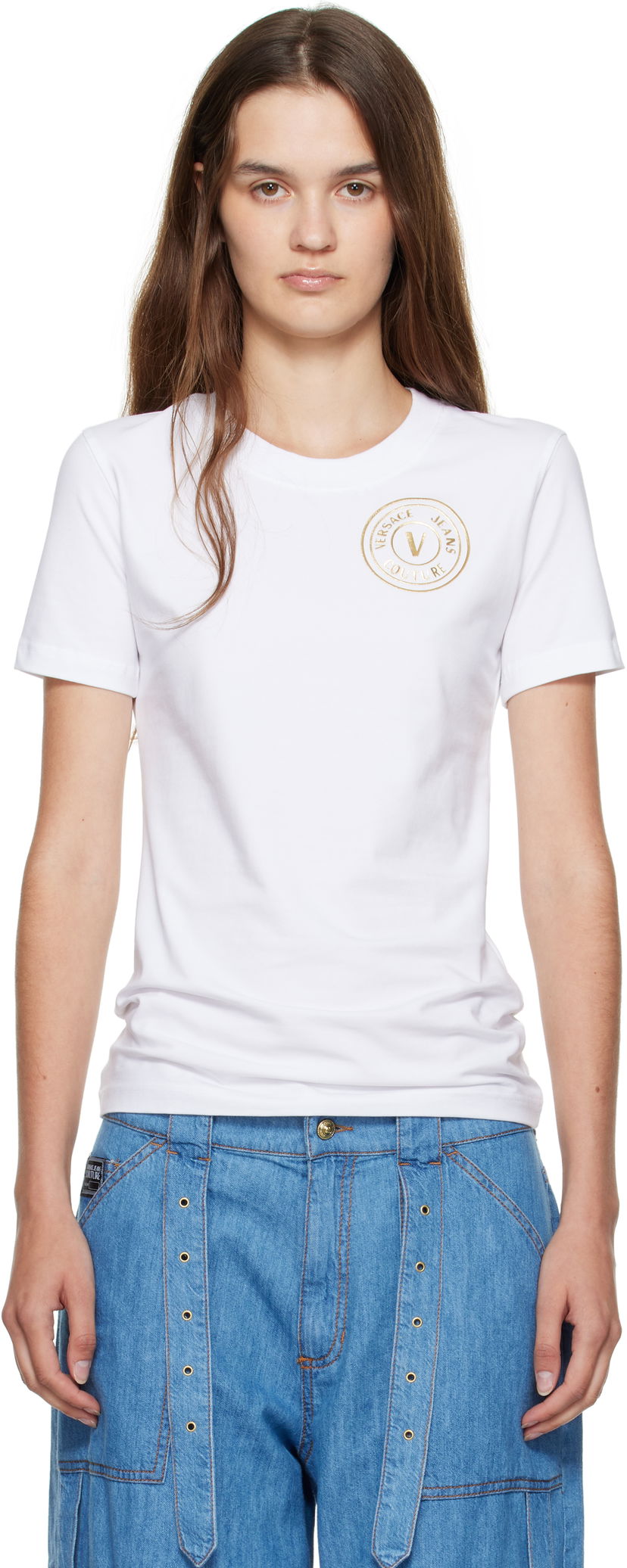 T-paita Versace Versace Jeans Couture Jersey Stretch T-Shirt Valkoinen | E79HAHT01_ECJ03T