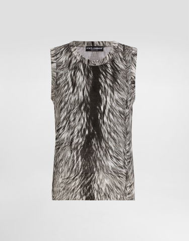 Tankkitoppi Dolce & Gabbana Dolce & Gabbana Silk Tank Top with Fur Print Harmaa | FXT04TJAHLAHI3VQ, 0