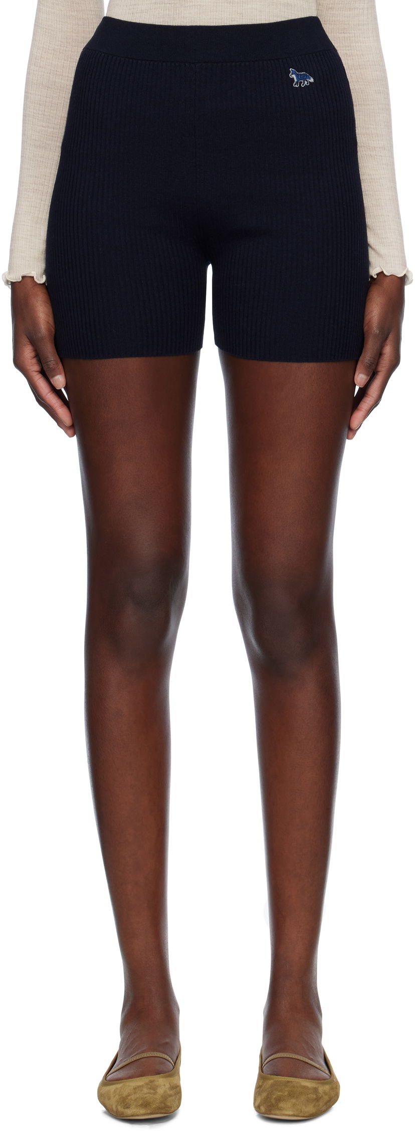 Shortsit MAISON KITSUNÉ Maison Kitsuné Baby Fox Patch Fine Ribbed Shorts Tummansininen | OW01116KT1091