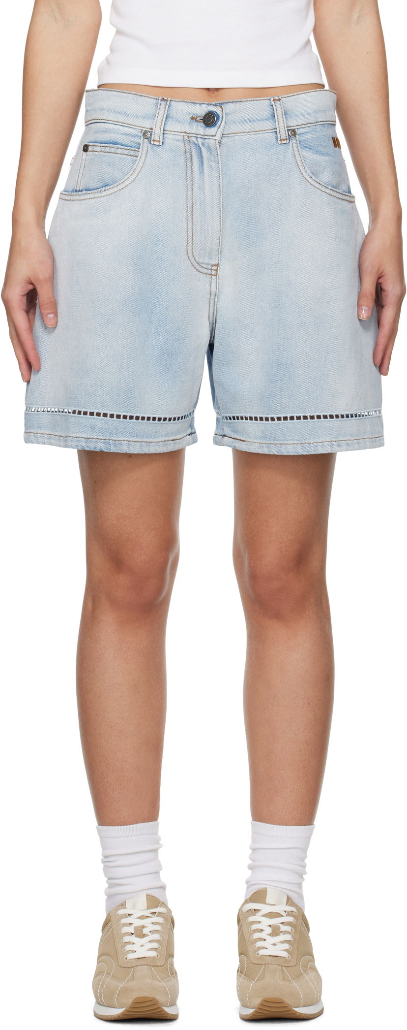 Shortsit MSGM MSGM Perforated Light Washed Denim Shorts Sininen | 3841MDB230X 257271