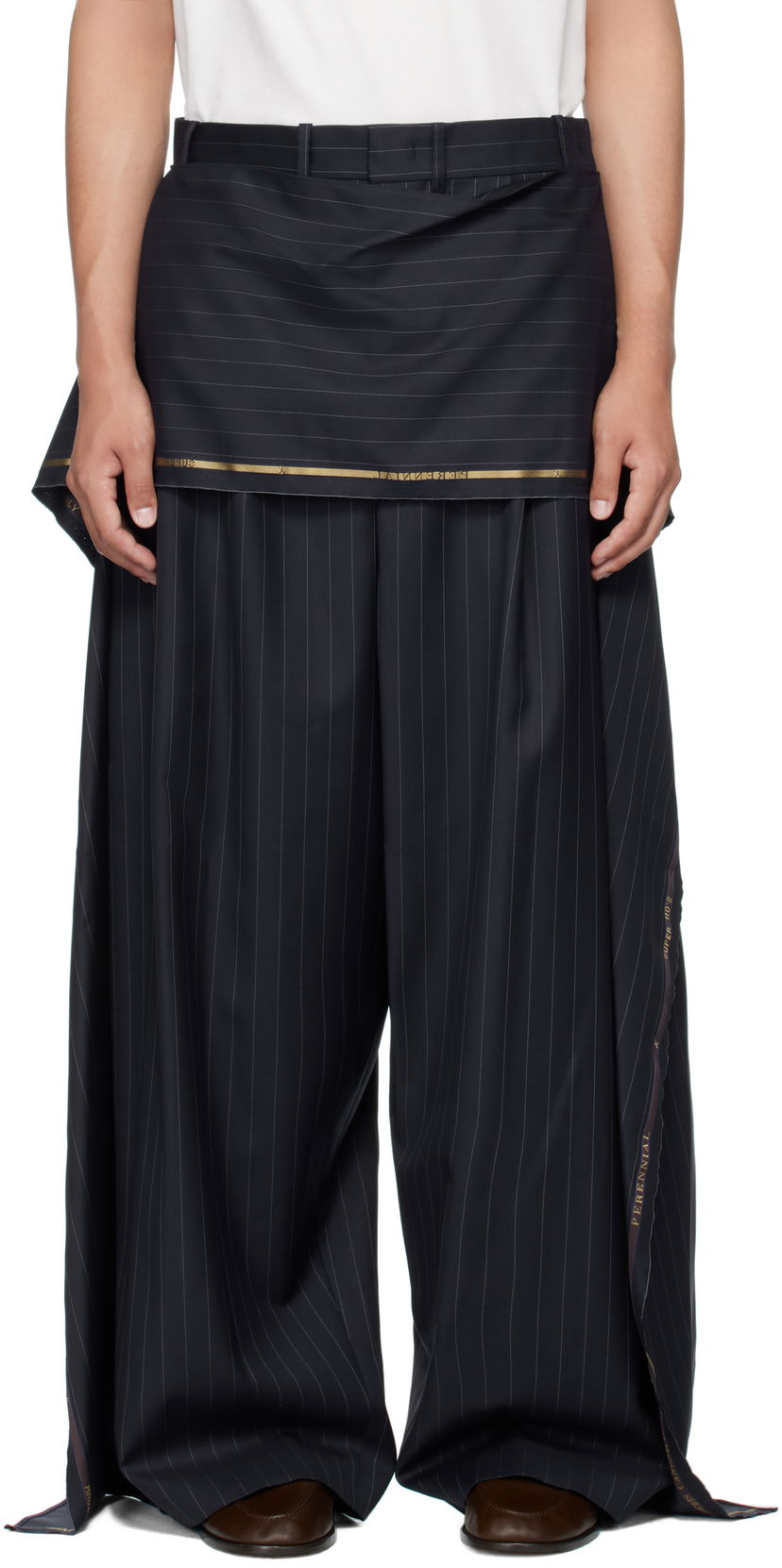Housut HED MAYNER Hed Mayner Pinstriped Wide-Leg Wool Suiting Trousers Tummansininen | HMMB30039A-HB217