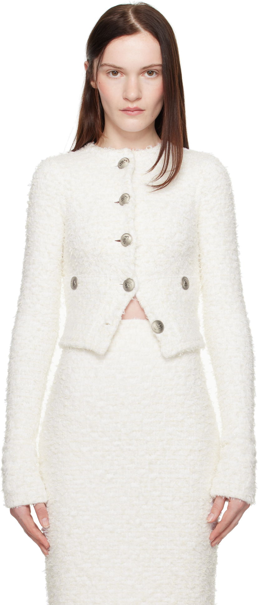 Hame Balenciaga Balenciaga Cropped Bouclé Cardigan Valkoinen | 793604 T3328