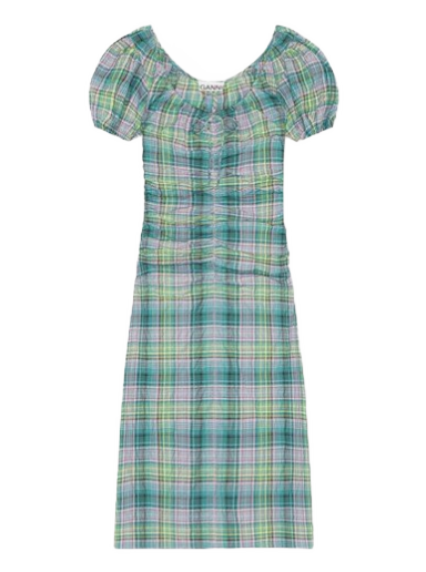 Mekko GANNI Seersucker Check Gathered Dress Turkoosi | F7654-759