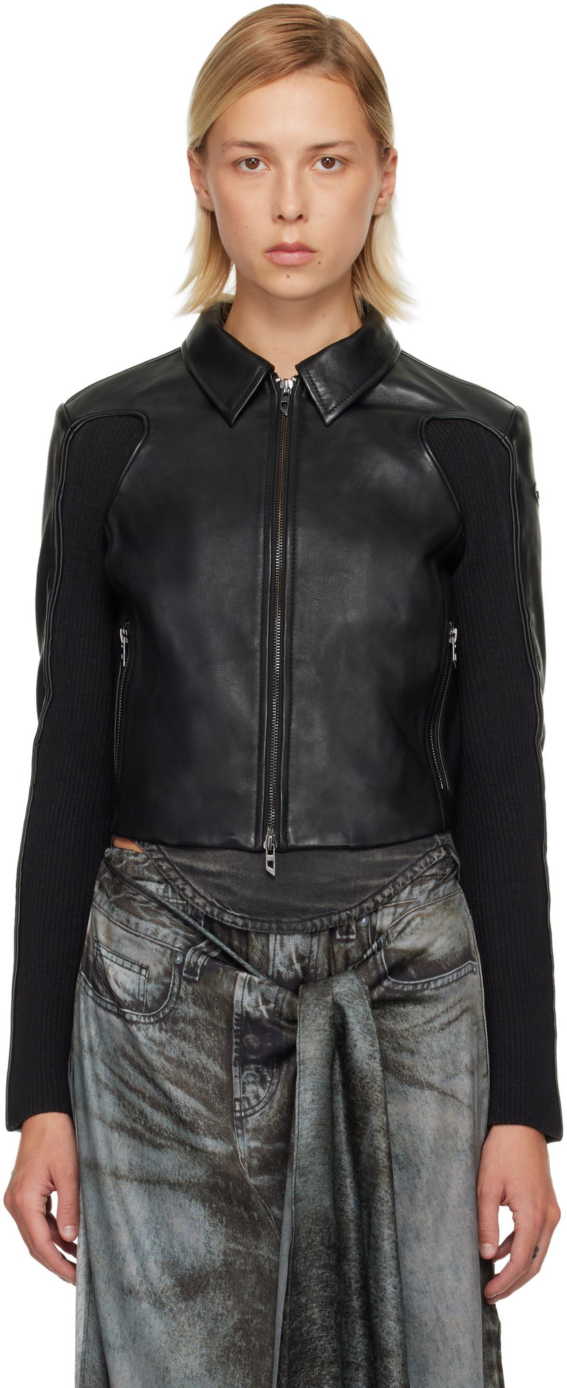 Takki Diesel Leather Jacket with Ribbed Knit Sleeves Musta | A15373 0AJIR