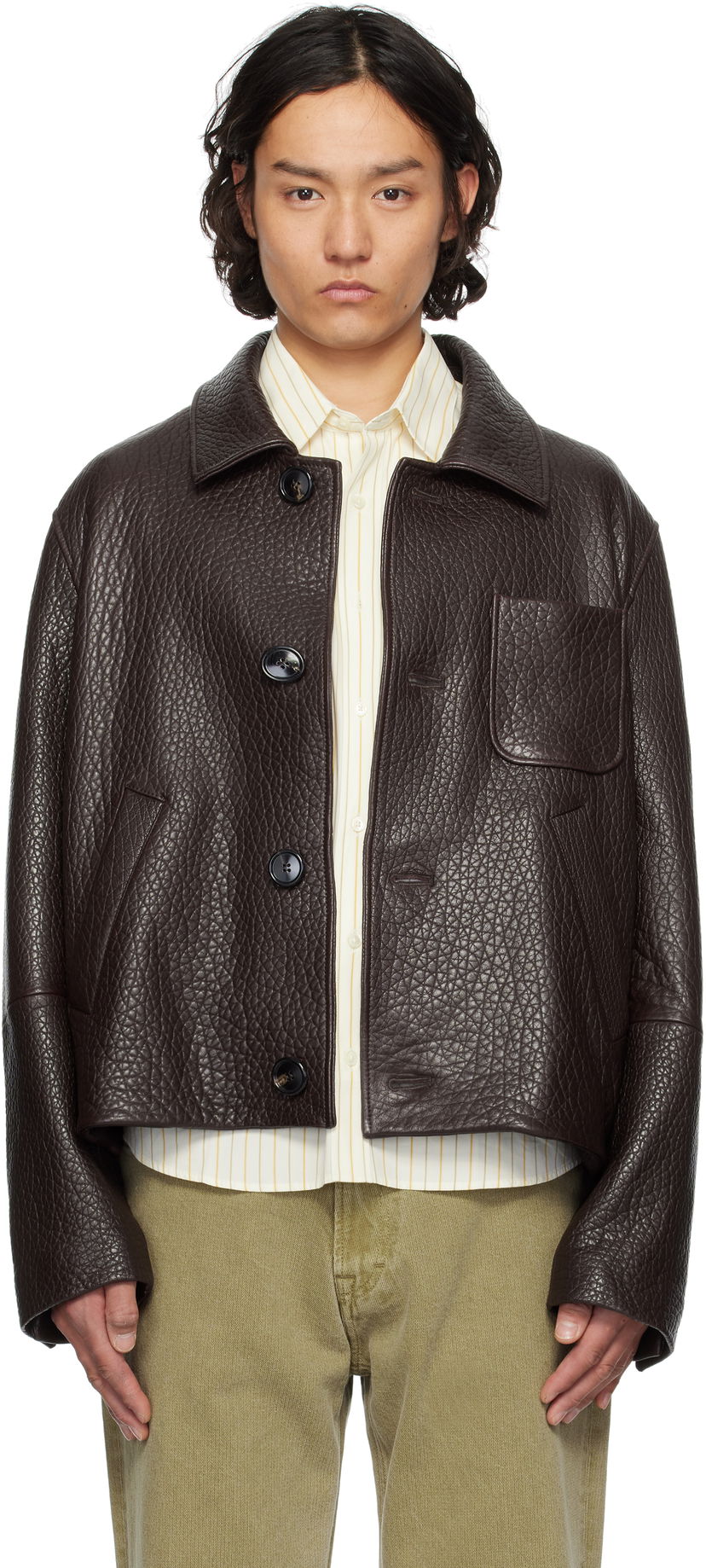 Takki AMI AMI Paris Buttoned Leather Jacket Ruskea | UJK270.LH0050