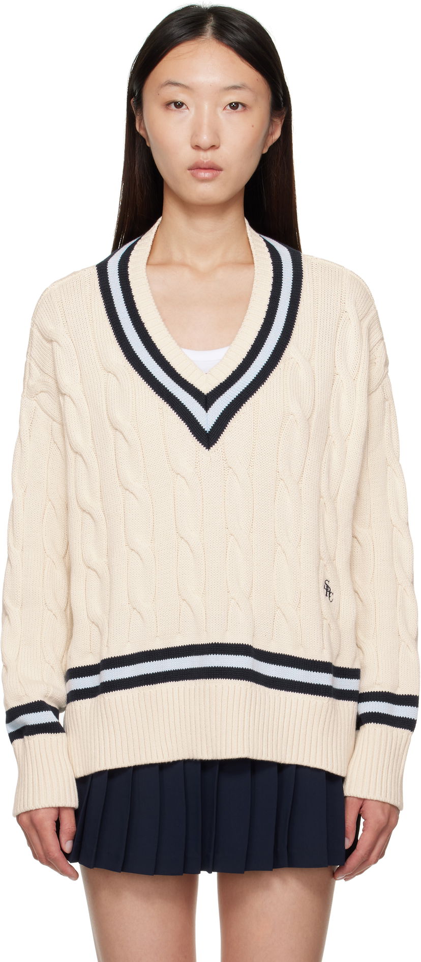 Villapaita Sporty & Rich Sporty & Rich Cableknit V-Neck Sweater Beige | WS011602302WH38