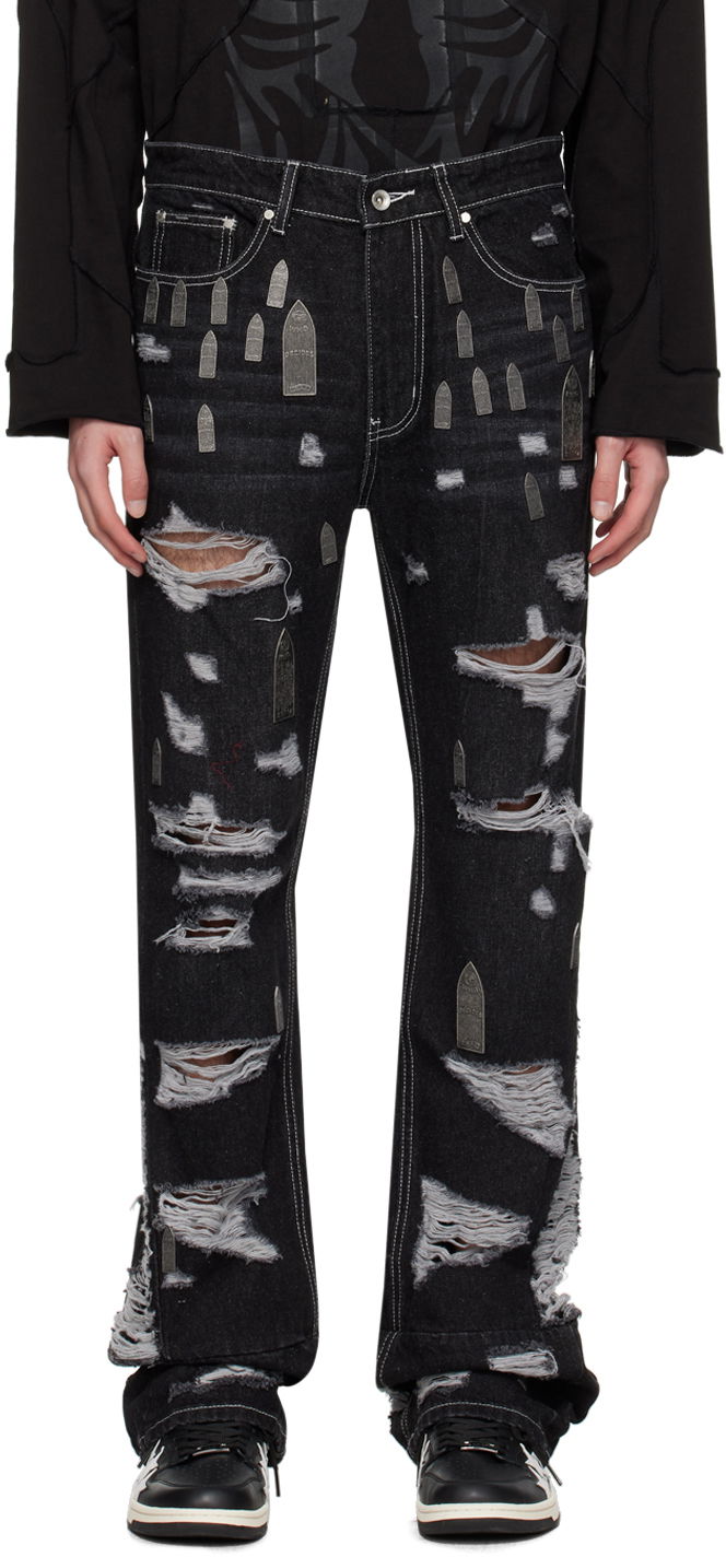 Jeans Who Decides War Amplified Gnarly Ripped Coffin Appliqué Jeans Musta | 1120790002SS24