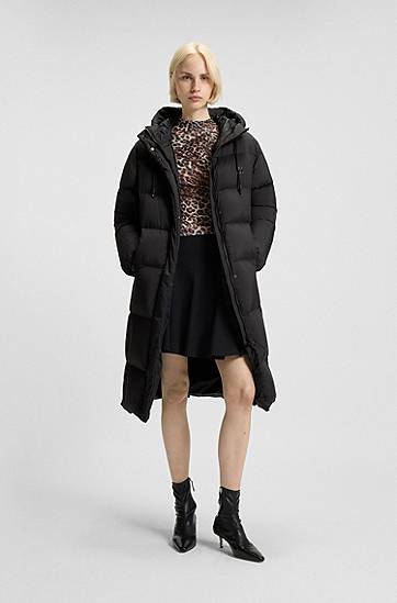 Puffer takki BOSS Long-length hooded down jacket with stacked-logo print Musta | 50546355, 1