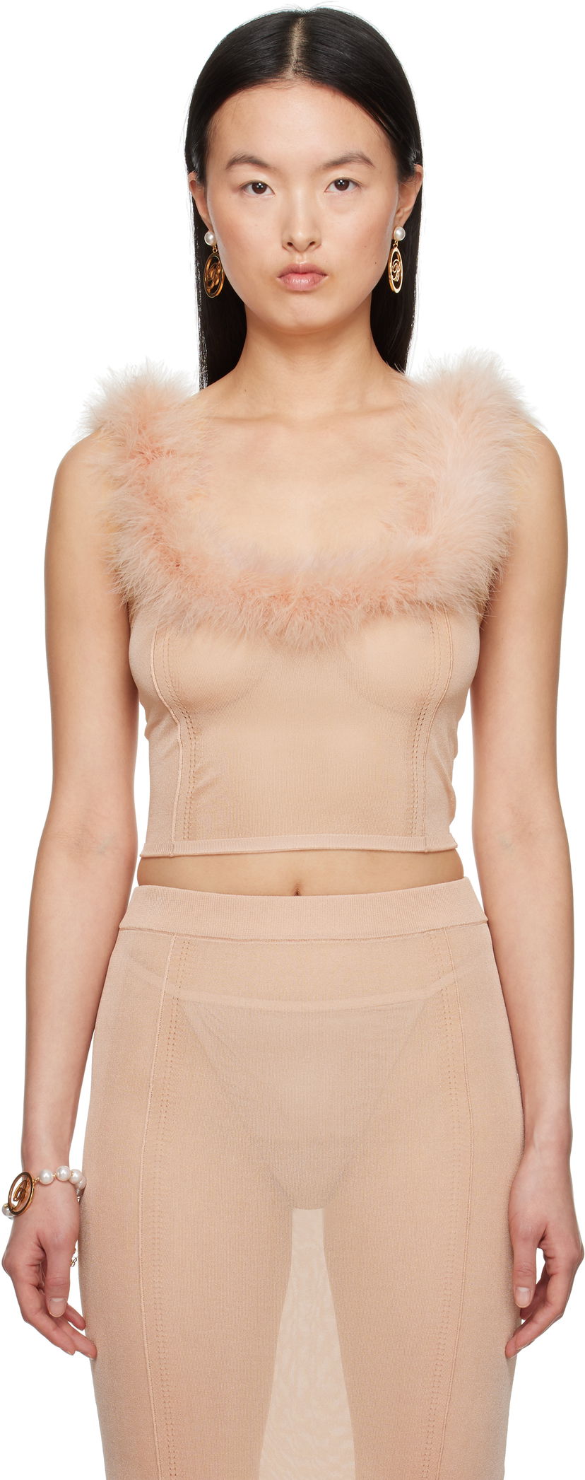 Tankkitoppi Blumarine Blumarine Knitted Feather Trim Top Beige | P522M559A