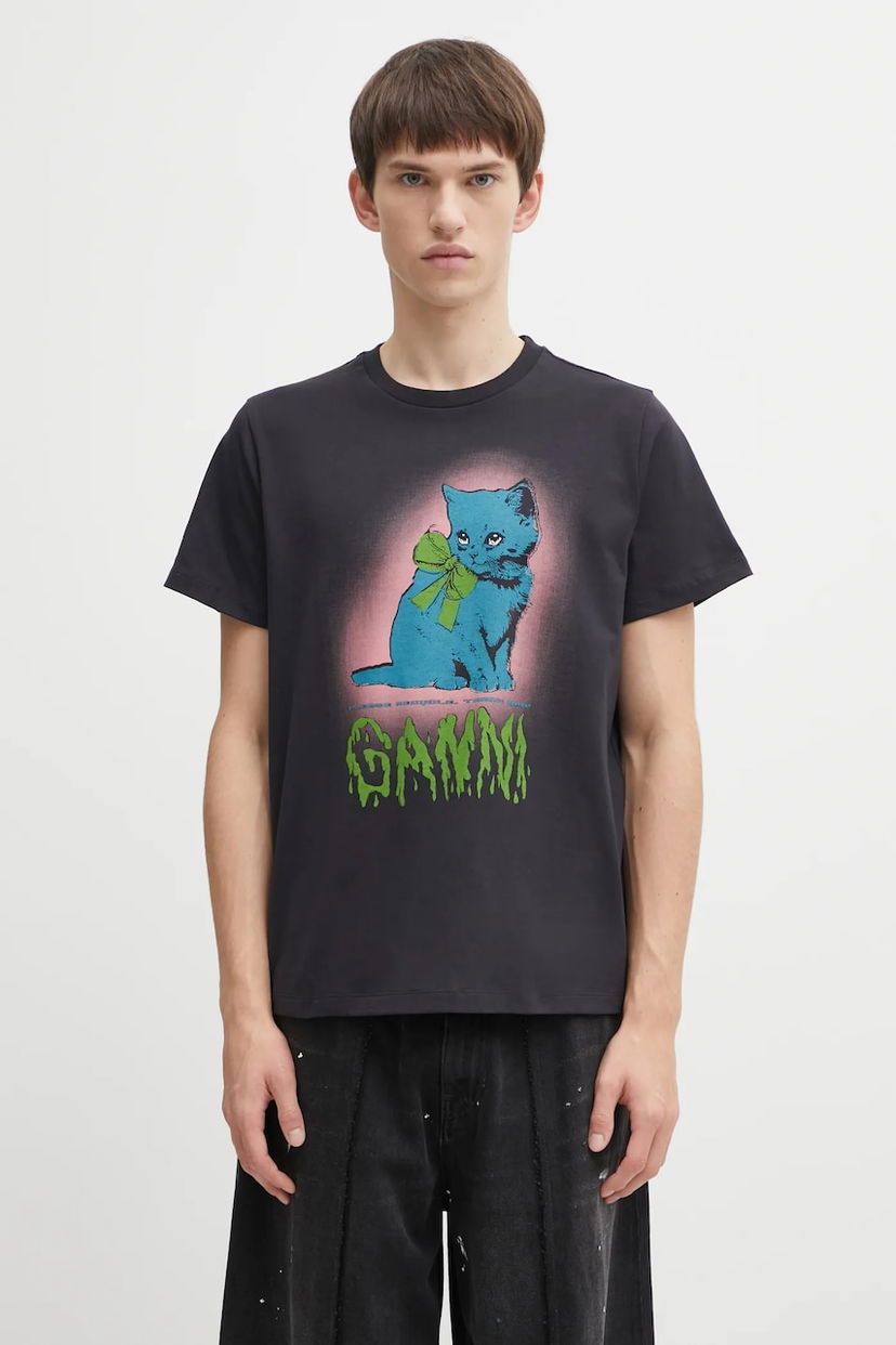 T-paita GANNI Basic Cotton Jersey Neon Kitty T-shirt Musta | T4340