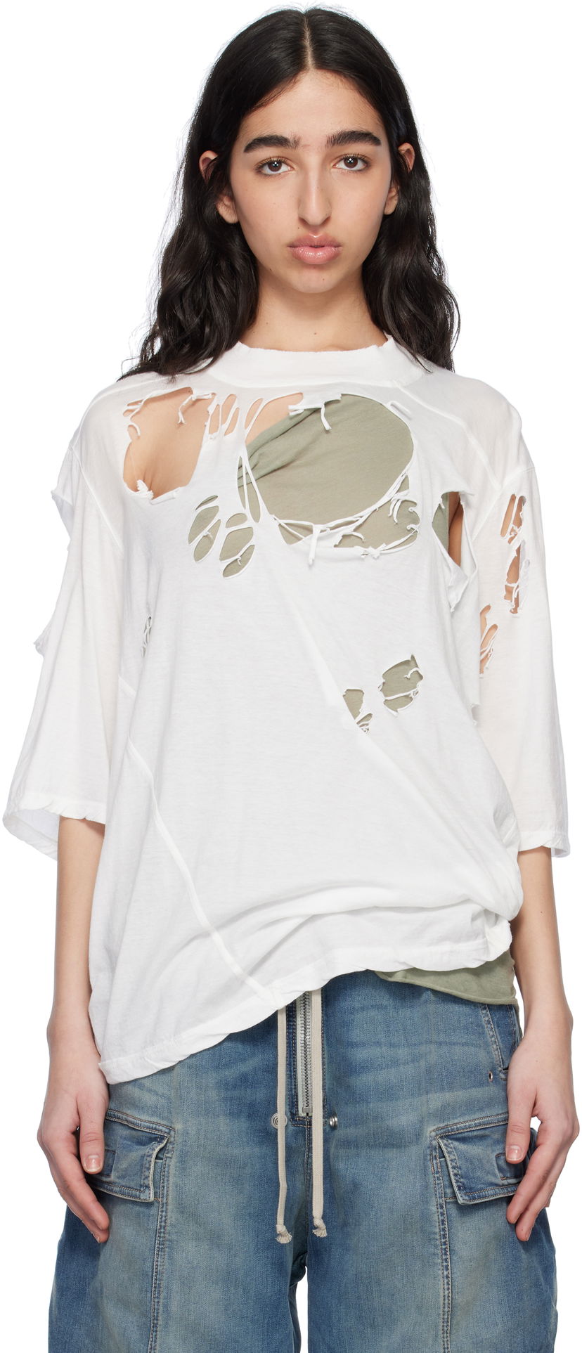 T-paita Rick Owens Rick Owens DRKSHDW Distressed T-Shirt Valkoinen | DS01E3201 BHDSD