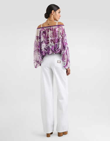 Crop top Dolce & Gabbana Dolce & Gabbana Majolica-Print Silk Chiffon Off-The-Shoulder Top Violetti | F72G7THI1T4HP5DQ, 2