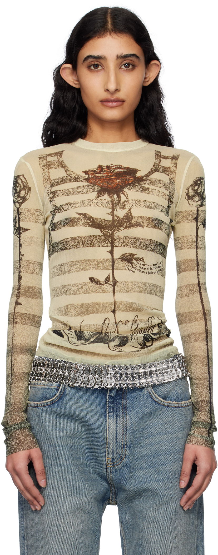 T-paita Jean Paul Gaultier Jean Paul Gaultier Tattoo Marinière T-Shirt Beige | 25/34-F-TO274-T585-030030