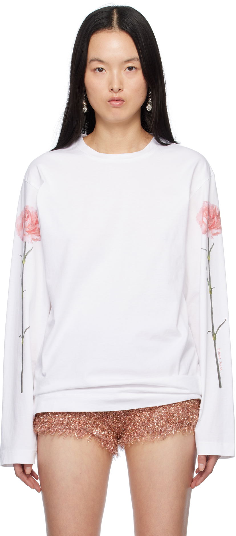 T-paita Simone Rocha Simone Rocha Carnation Print Long Sleeve T-Shirt Valkoinen | 5194P32P32A-W 0569