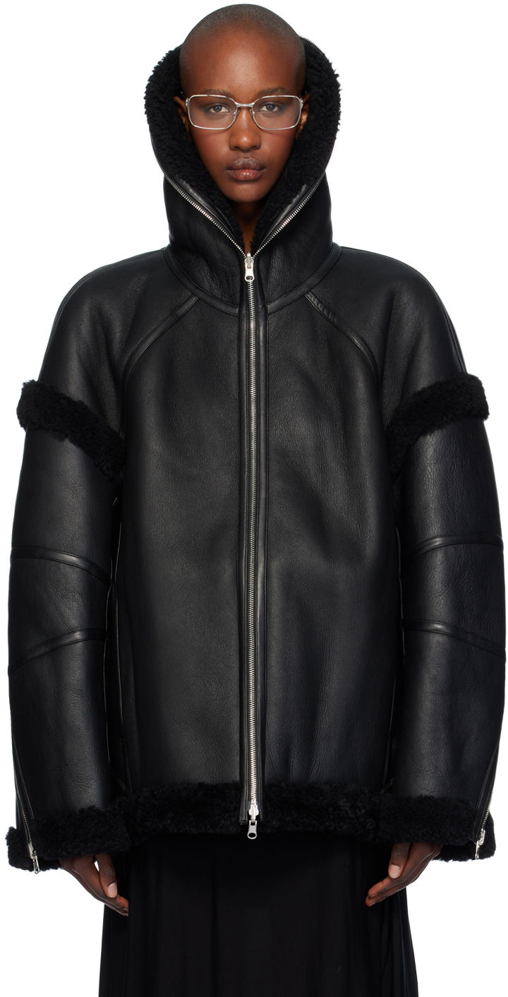Bomber-takki Helmut Lang Helmut Lang Apex Teddy Reversible Leather Jacket Musta | O07HW499