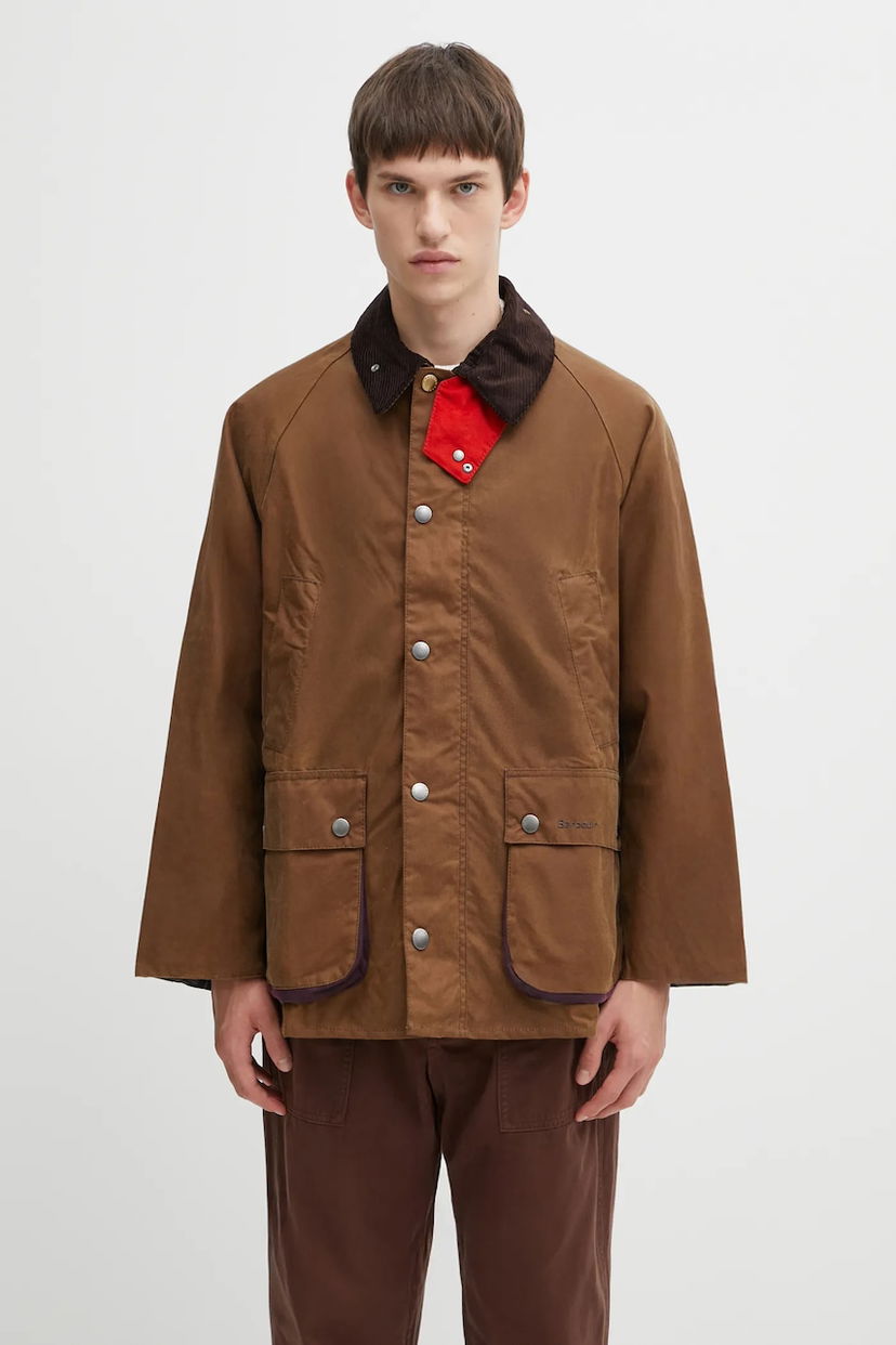Takki Barbour Paul Smith OS Bedale Wax Jacket with Red Snap Tab and Corduroy Collar Ruskea | MWX2515TA51