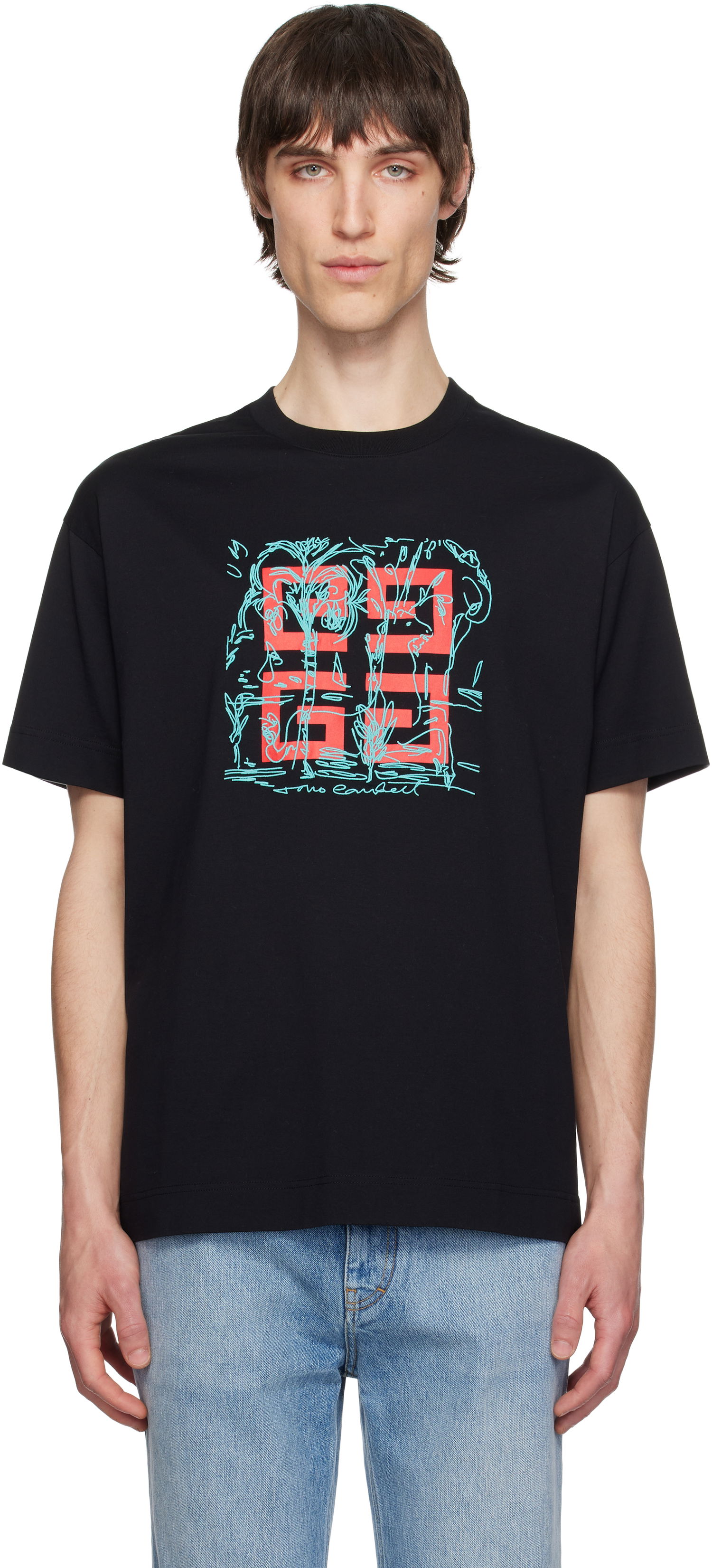 T-paita Givenchy Givenchy 4G Sketch Print Regular Fit T-Shirt Musta | BM71MG3YQD001, 0