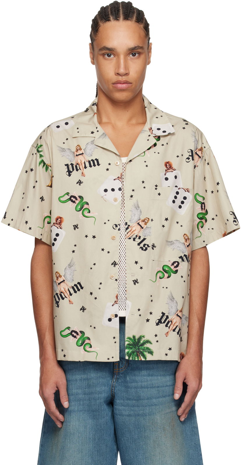 Paita Palm Angels Palm Angels Pin Up Bowling Shirt Beige | PMGG00AS25FAB0050B84
