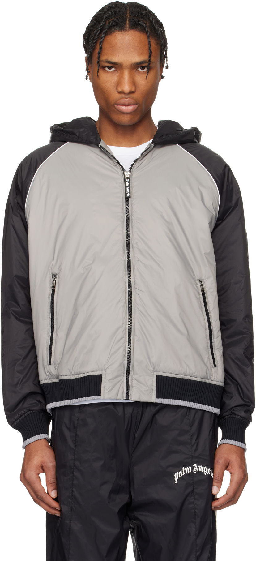 Bomber-takki Palm Angels Palm Angels Curved Logo Windbreaker Jacket Harmaa | PMEA289S25FAB0010910