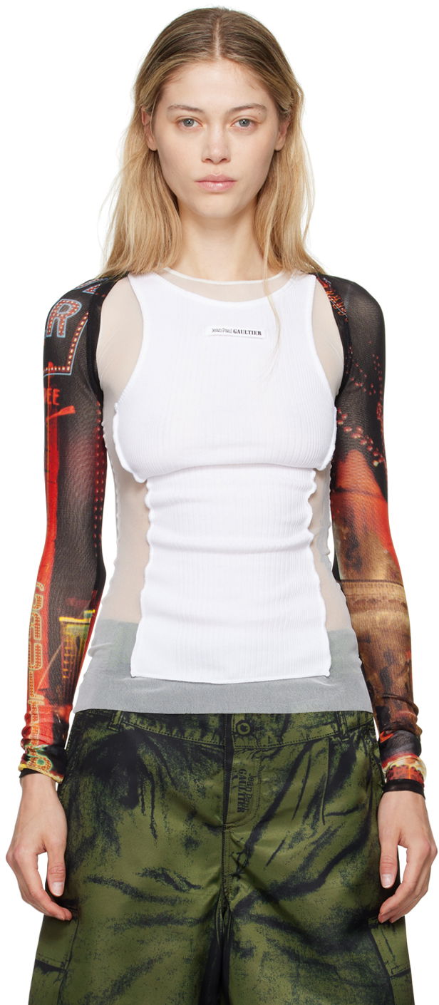 Tankkitoppi Jean Paul Gaultier Jean Paul Gaultier 'The Pigalle' Printed Mesh Sleeves Valkoinen | 24/30-F-TO207-T552-00301550