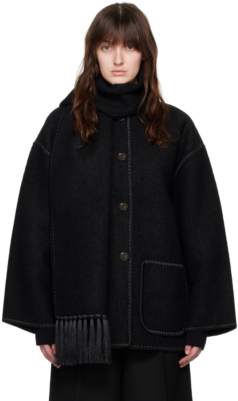 Takki TOTEME TOTEME Embroidered Hooded Jacket with Fringed Scarf Musta | 224-1018-201