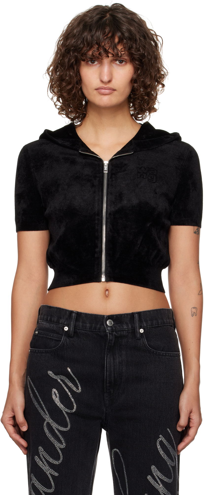 Huppari Alexander Wang Alexander Wang.t Cropped Velour Zip-Up Hoodie Musta | 4KC4243003
