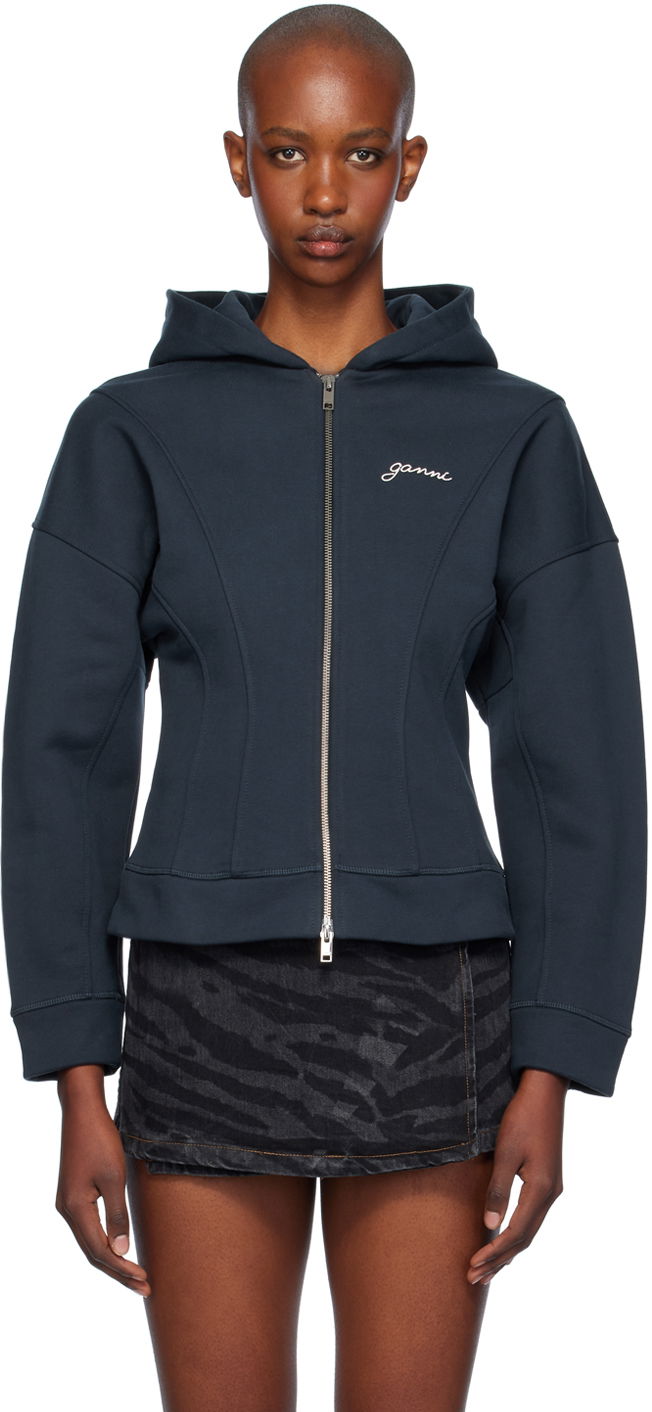 Huppari GANNI Ganni Fleece Zip-Up Hoodie Tummansininen | T4029