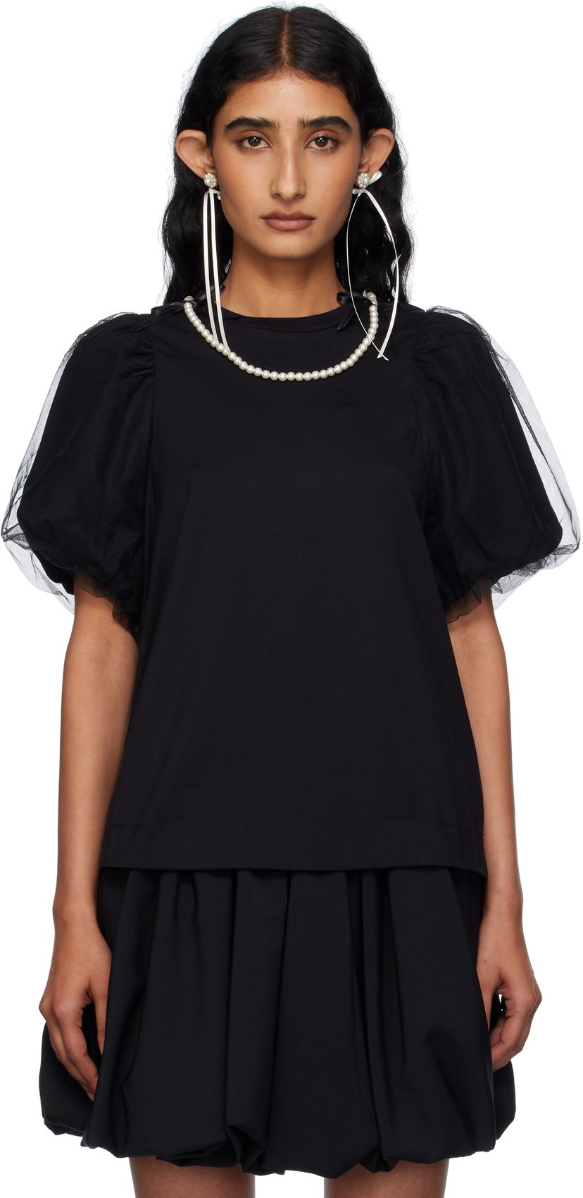 T-paita Simone Rocha Simone Rocha Embellished Tulle Overlay Puff Sleeve T-Shirt Musta | 5397B 0553