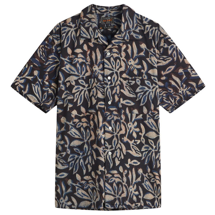 Paita BEAMS Beams Plus Open Collar Block Print Leaf Shirt, Size Large Musta | 3801-0172-139-79