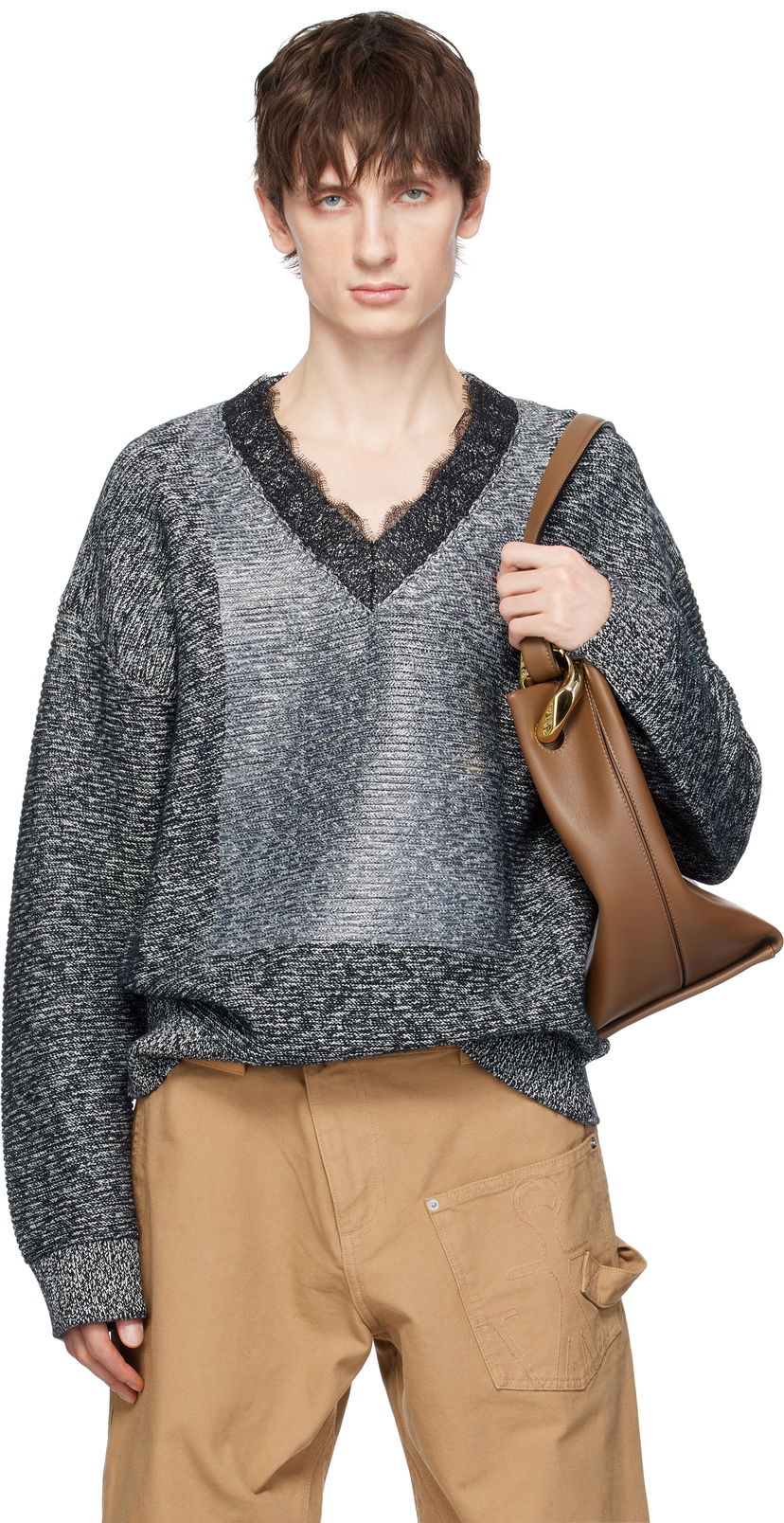 Villapaita JW Anderson JW Anderson V-Neck Lace Trim Sweater Harmaa | KW1360-YN0402