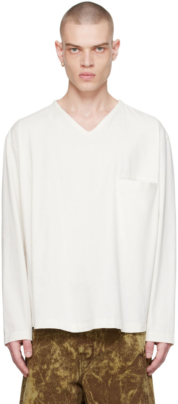 T-paita LEMAIRE Lemaire V-Neck Long Sleeve T-Shirt Valkoinen | TO1232 LF1253