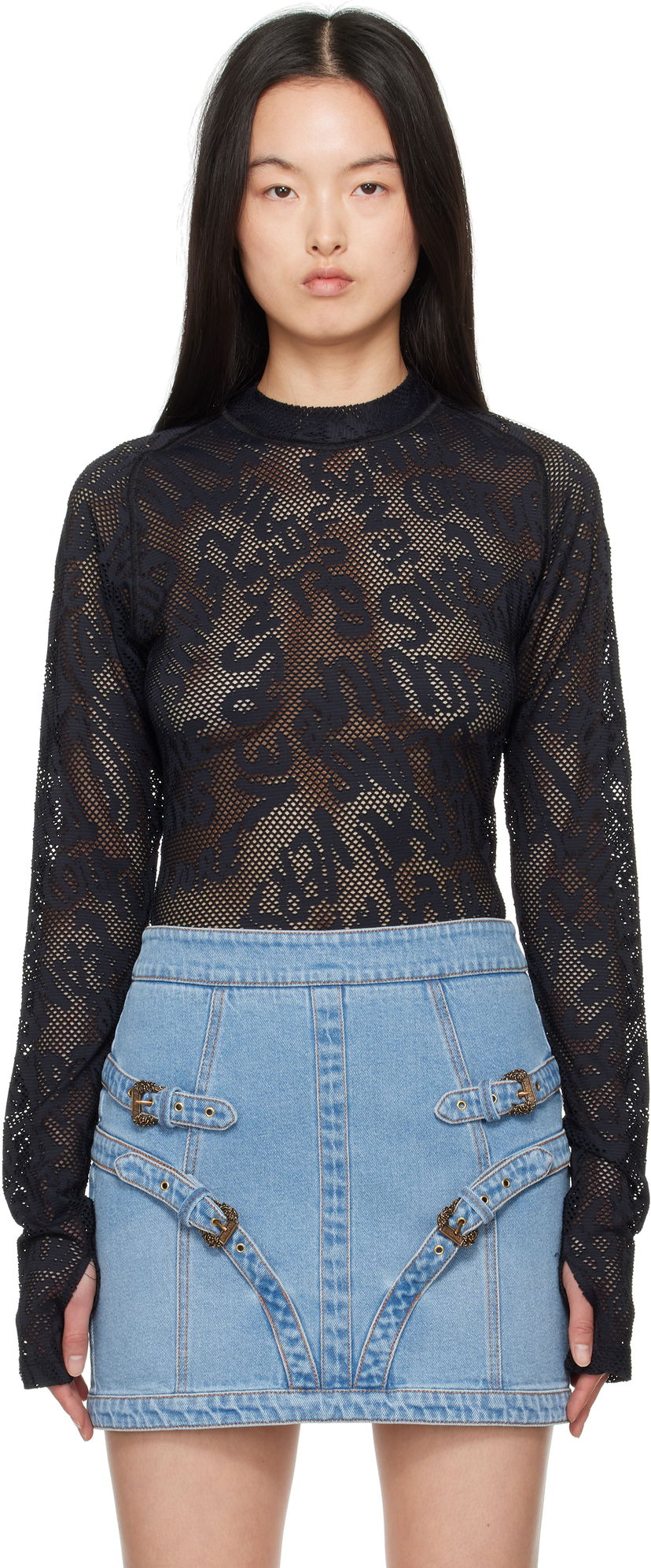 Villapaita Versace Versace Jeans Couture Fishnet Long Sleeve T-Shirt Musta | E78GAH611_EJ0200