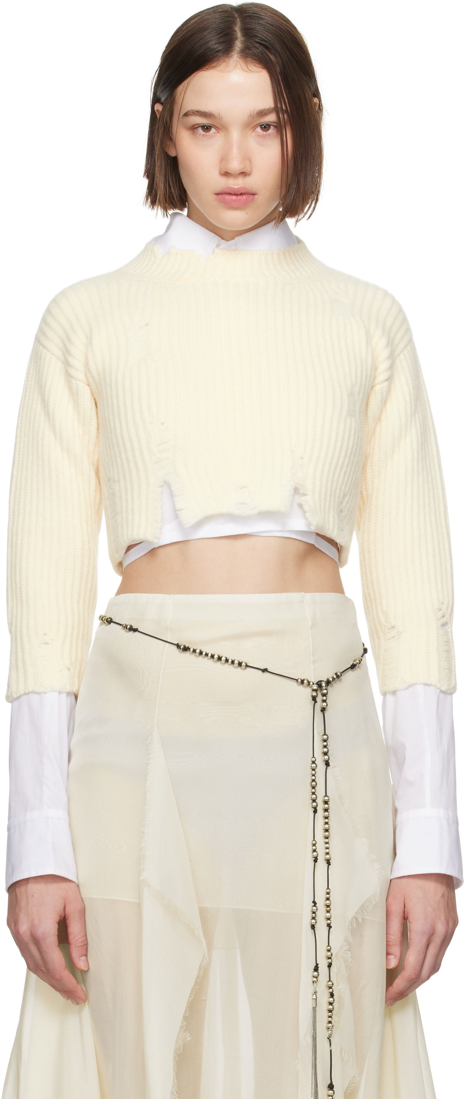 Villapaita Ann Demeulemeester Cropped Distressed-Hem Sweater Valkoinen | 2402-W-KN30-KN048-003, 0
