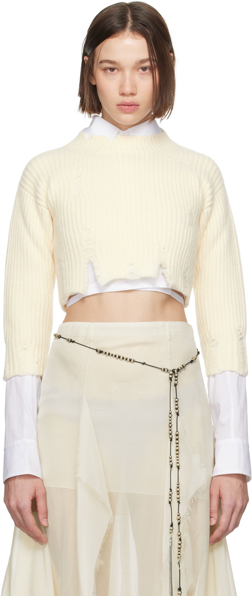 Villapaita Ann Demeulemeester Cropped Distressed-Hem Sweater Valkoinen | 2402-W-KN30-KN048-003