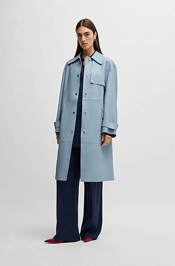 Trenssitakki BOSS Leather Trench Coat with Silver-Tone Trims Sininen | 50531308, 1