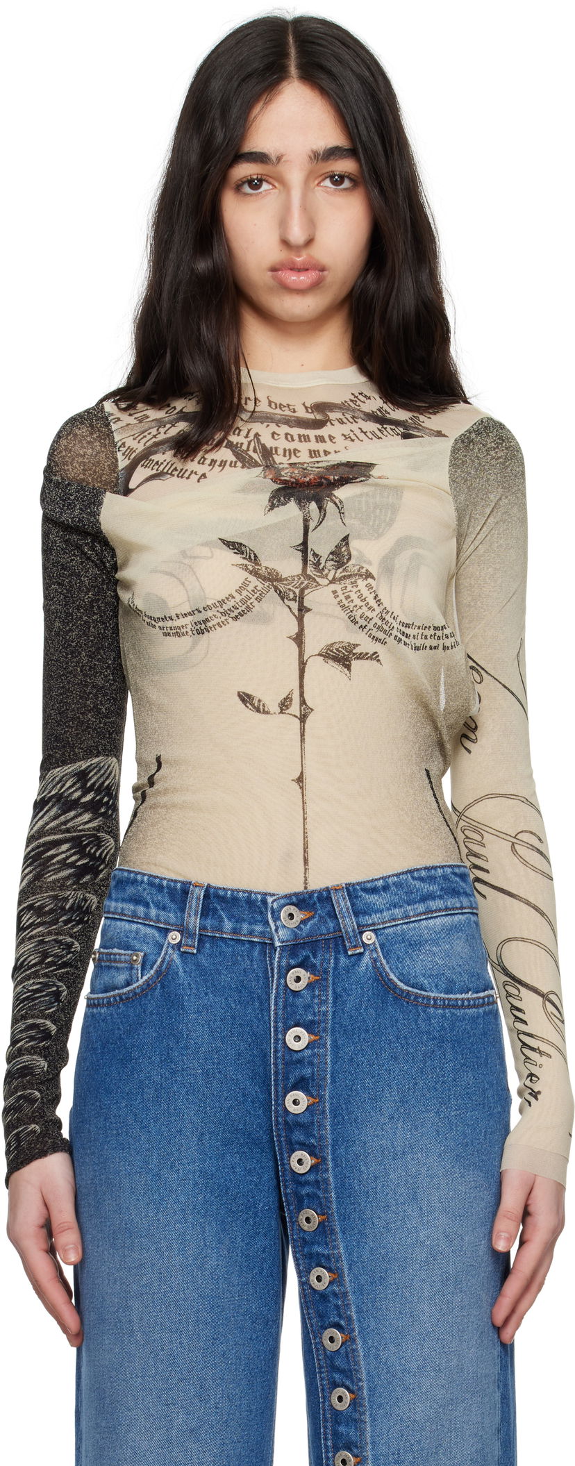 T-paitoja ja toppeja Jean Paul Gaultier Jean Paul Gaultier 'The Tattoo Rose and Bird' Printed Mesh Bodysuit Beige | 25/34-F-BD066-T583-030030