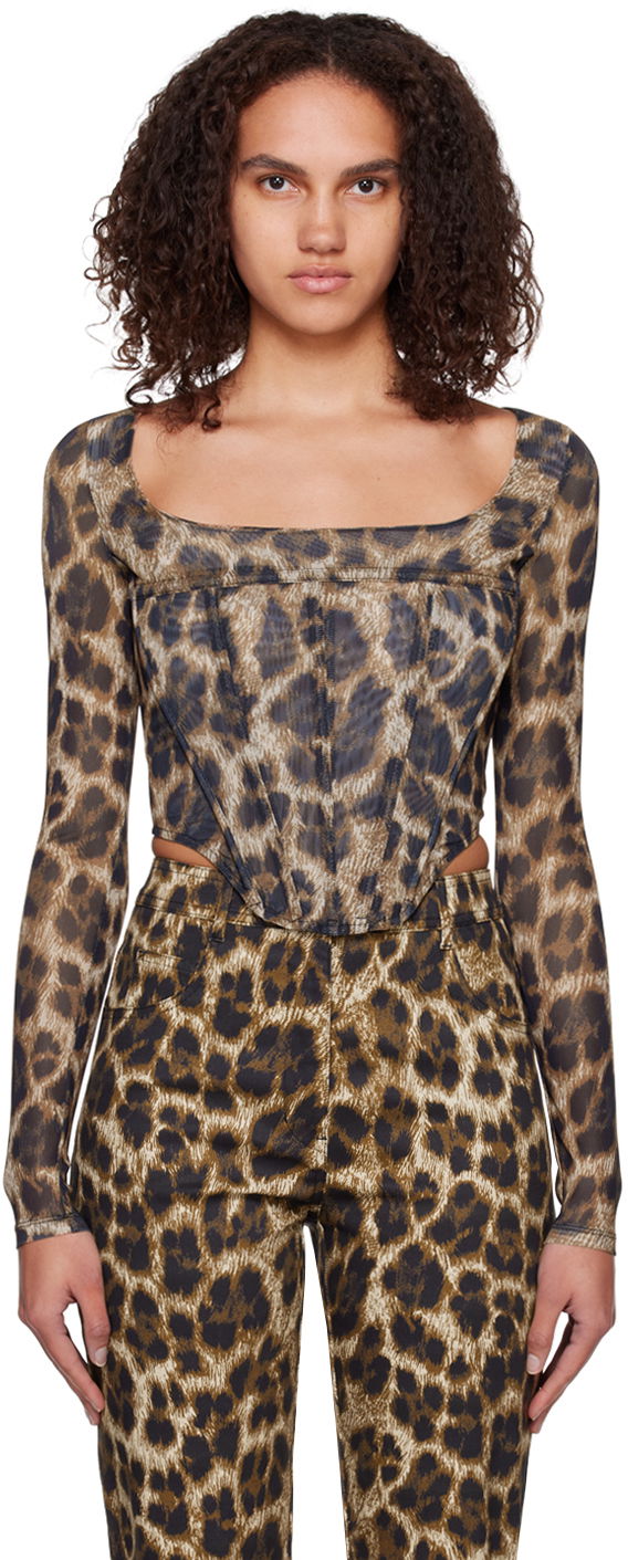 Crop top Miaou Miaou Leopard Maude Long Sleeve Corset Top Ruskea | 7065PM1NIK