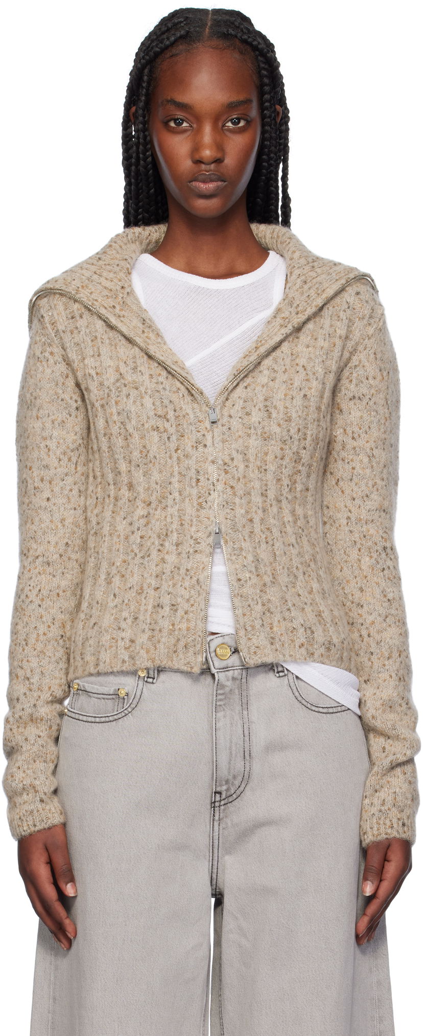 Villapaita GANNI Highneck Zip Cardigan Beige | K2277