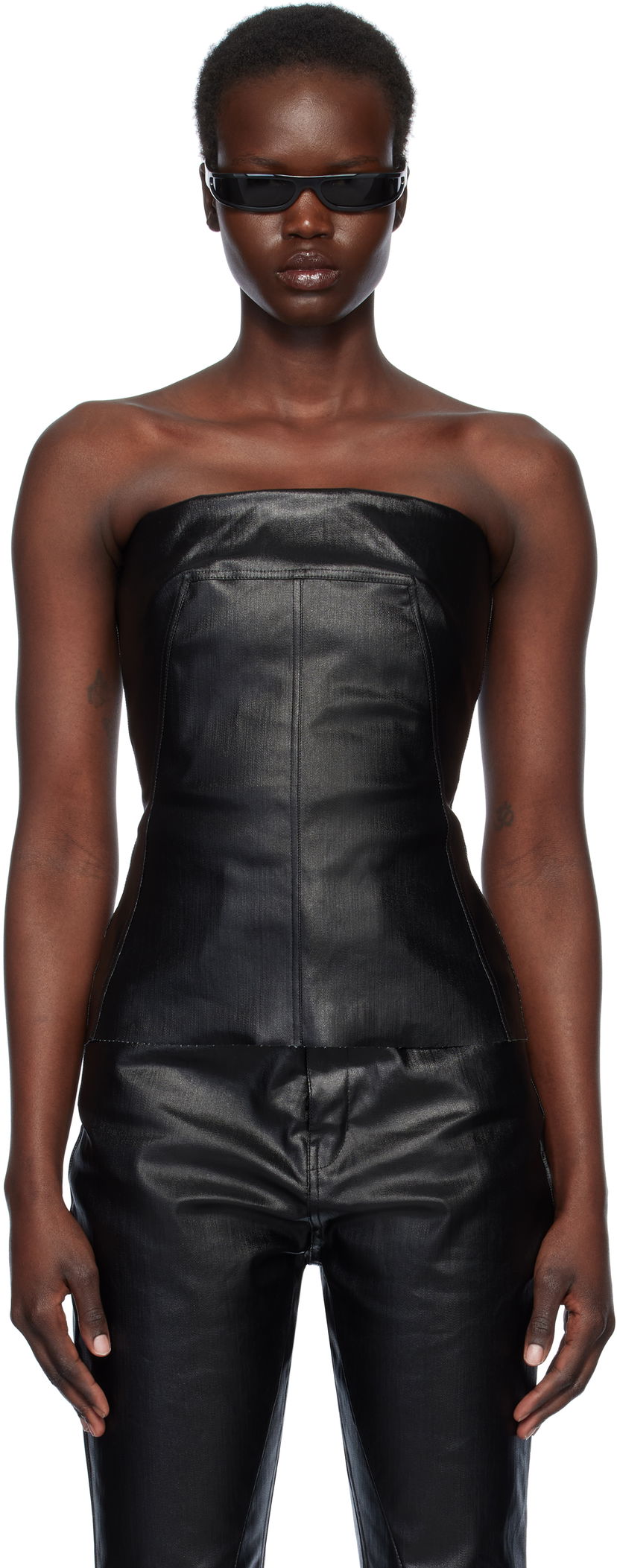 Tankkitoppi Rick Owens Rick Owens Hollywood Coated Stretch Denim Bustier Top Musta | RP01E7127 SCT