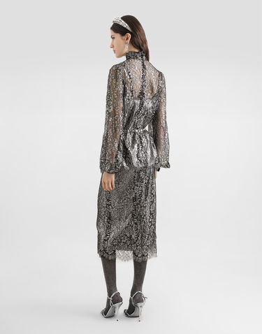 Paita Dolce & Gabbana High-neck Long-sleeve Lamé Lace Top with Scalloped Hem, Collection Metallinen | F7BD7TILMCFS0998, 2