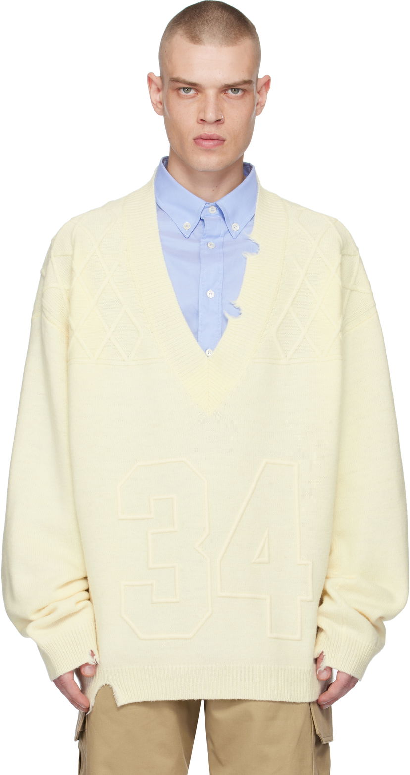Villapaita Ambush Destroyed Rib Knit V-Neck Sweater Keltainen | BMHD004F24KNI0013100