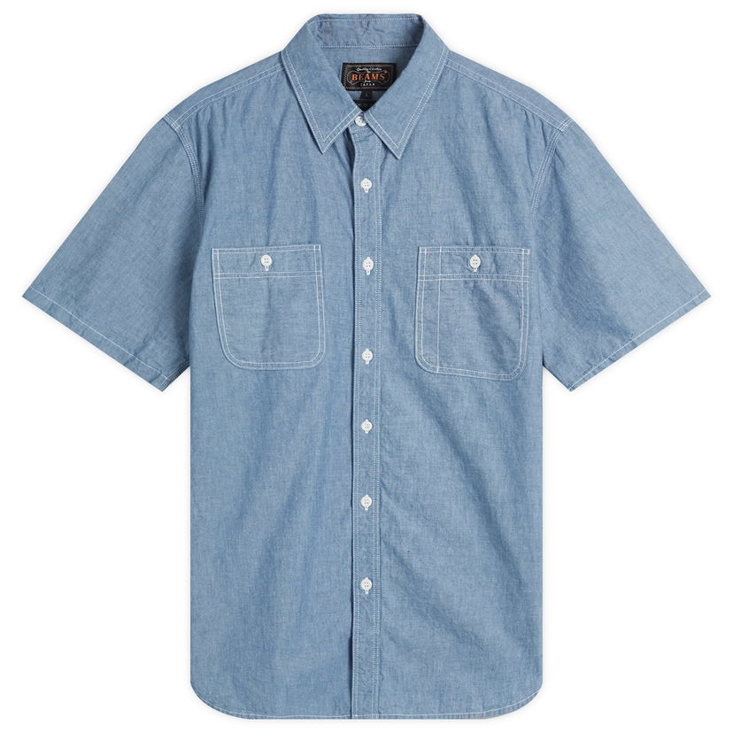 Paita BEAMS Beams Plus Short Sleeve Work Shirt, Size Large Sininen | 3801-0004-139-70