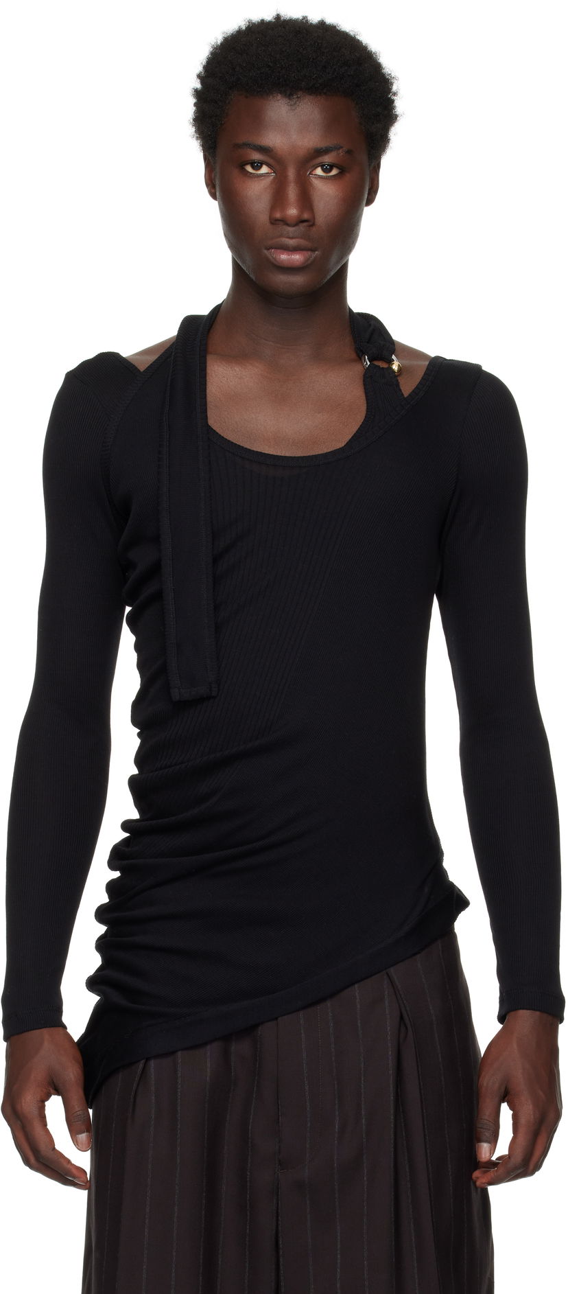 T-paita Jean Paul Gaultier Jean Paul Gaultier Ribbed Twisted Double Layer Piercing T-Shirt Musta | 25/03-W-TO287-J000-00