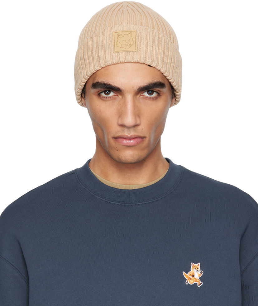 Pipo MAISON KITSUNÉ Maison Kitsuné Fox Head Leather Patch Beanie Beige | OW06110KT1140