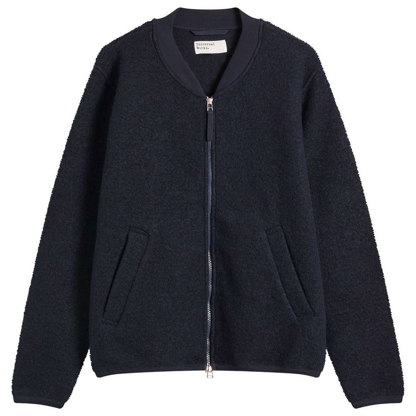 Bomber-takki Universal Works Universal Works Wool Fleece Zip Bomber Jacket, Size Small Tummansininen | 00018-NVY