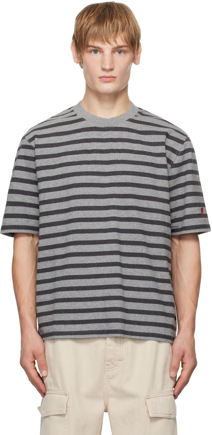 T-paita AMI Striped T-Shirt Harmaa | HTS045.JE0084