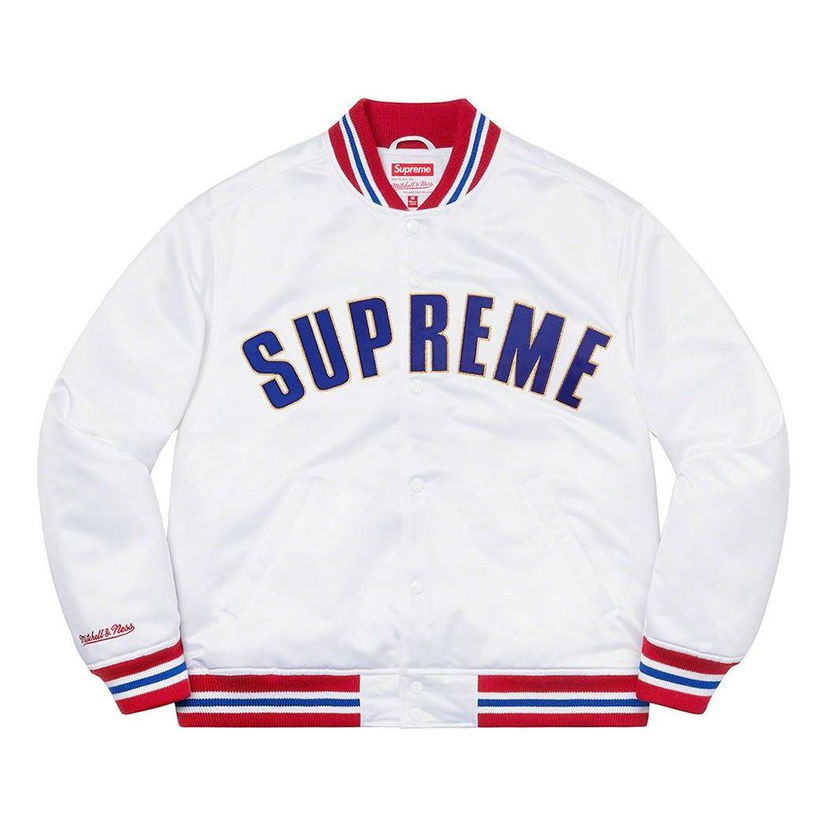 Bomber-takki Supreme Mitchell & Ness Satin Varsity Jacket Valkoinen | SUP-SS21-643