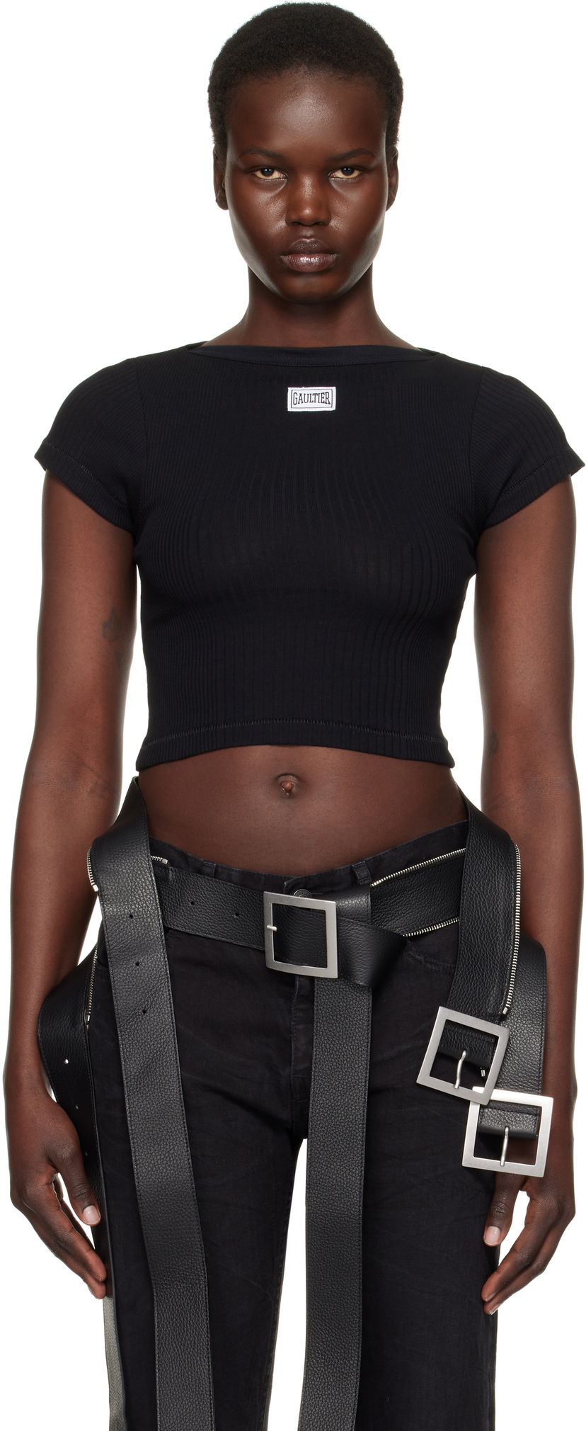 Crop top Jean Paul Gaultier Jean Paul Gaultier 'The Patch' Ribbed Crop T-Shirt Musta | 25/33-F-TS105P-J054-00