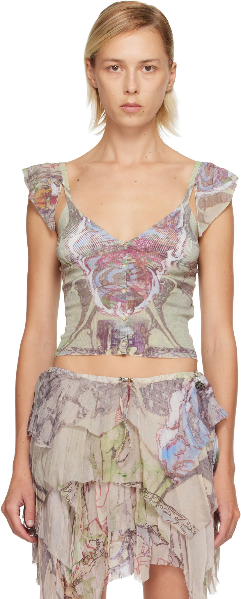 Crop top Diesel M-Fiore Ruffled V-Neck Button-Front Top Monivärinen | A18872 0AFBZ
